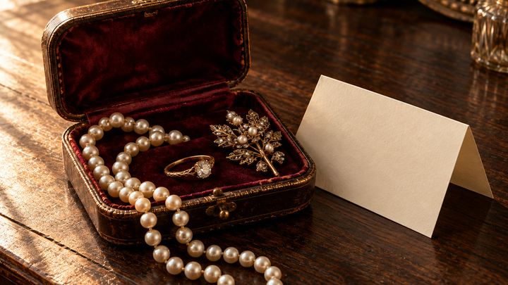 An open velvet jewel box with pearls, a ring, a brooch and a blank folded card